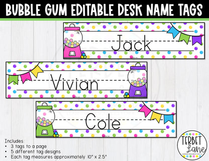 Bubble Gum Themed Editable Desk Name Tags