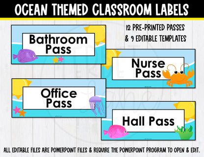 Editable Ocean Themed Hall Passes, Supply Labels, and Schedule Labels