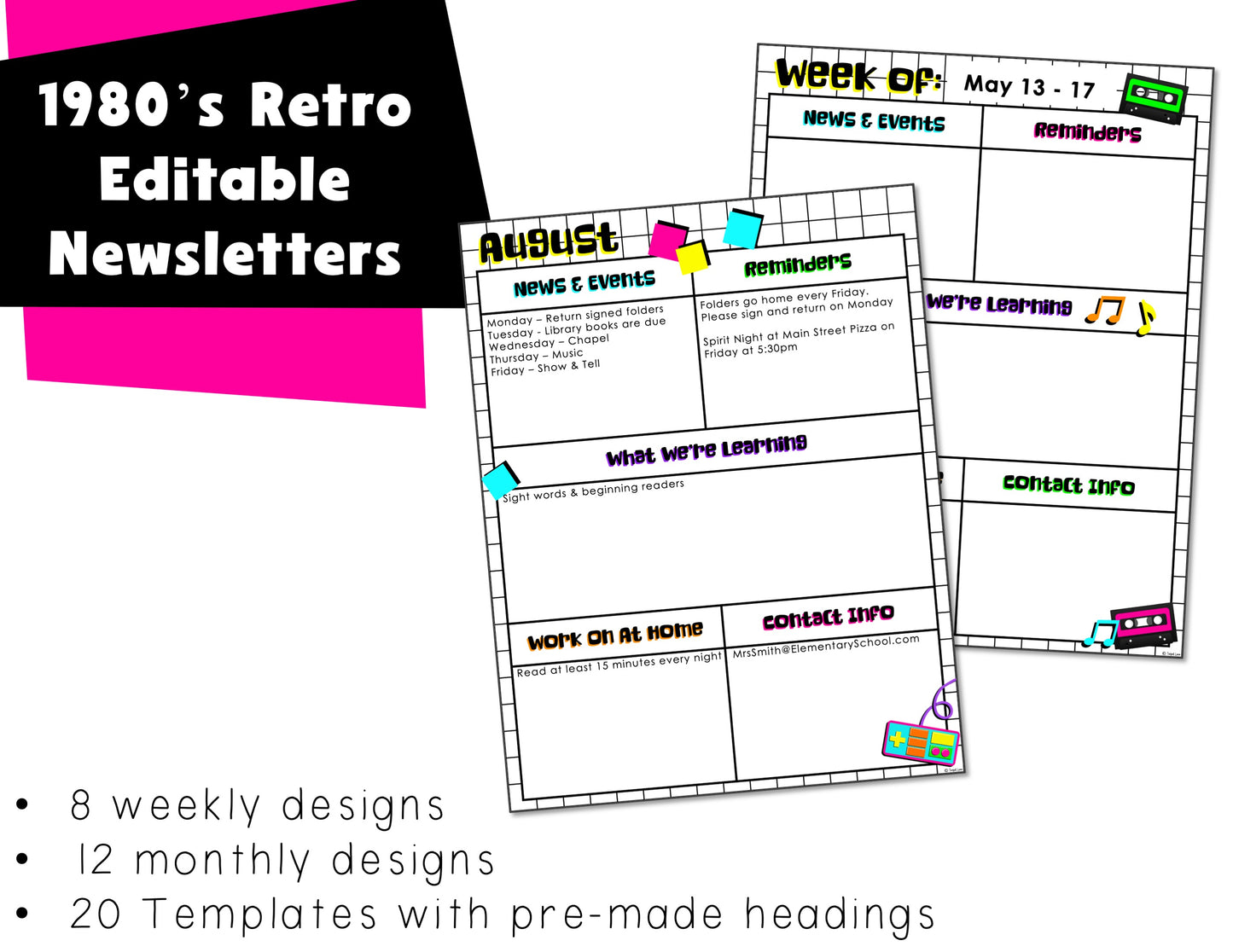 Retro 1980s Theme Editable Monthly Weekly Newsletter Template