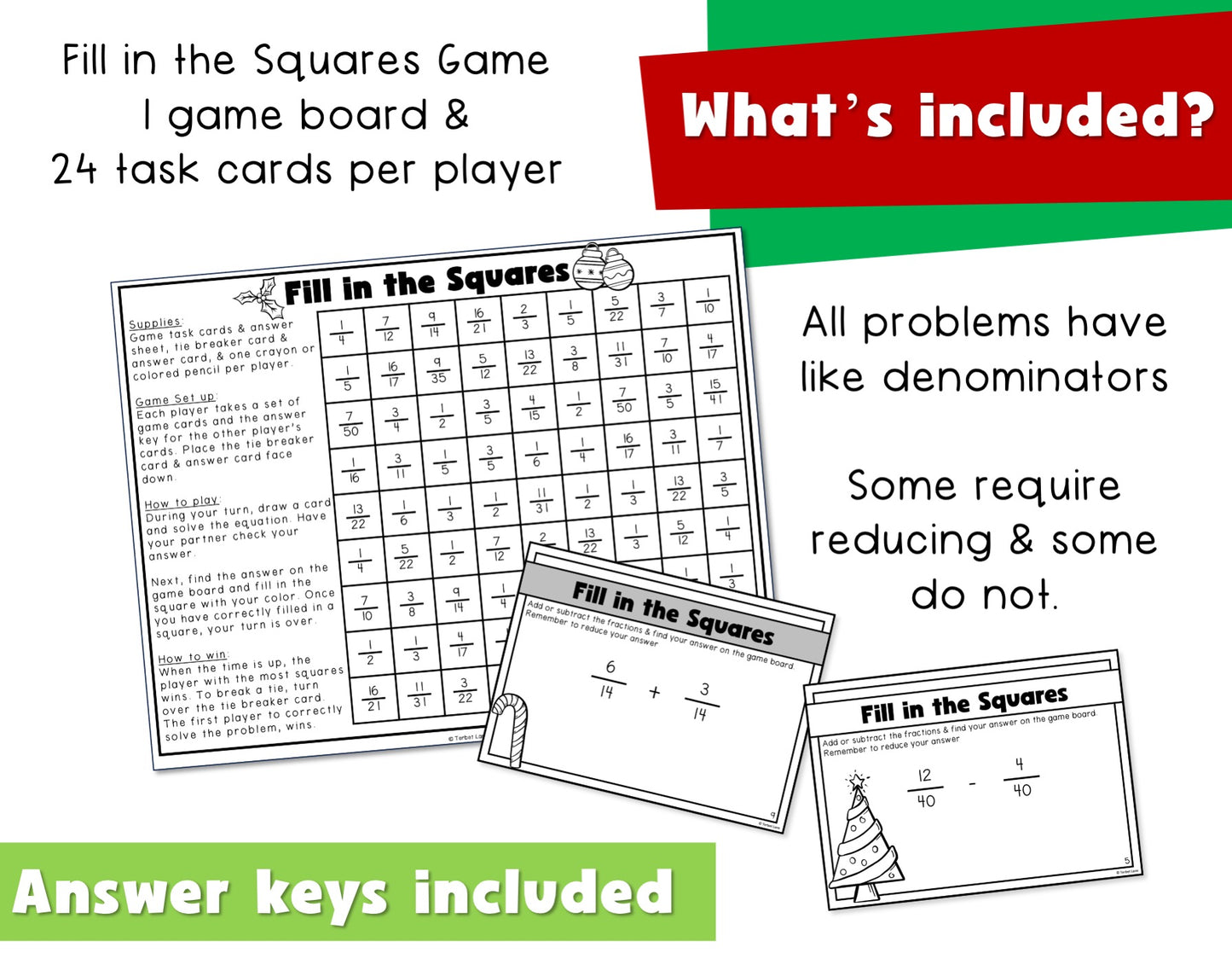 Adding and Subtracting Fractions Christmas - Fractions with Like Denominators