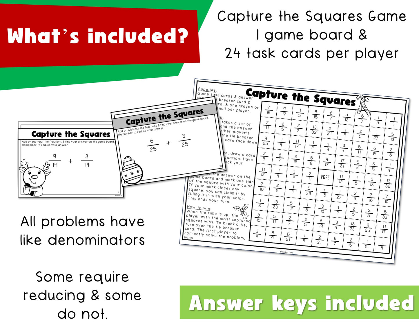 Adding and Subtracting Fractions Christmas - Fractions with Like Denominators