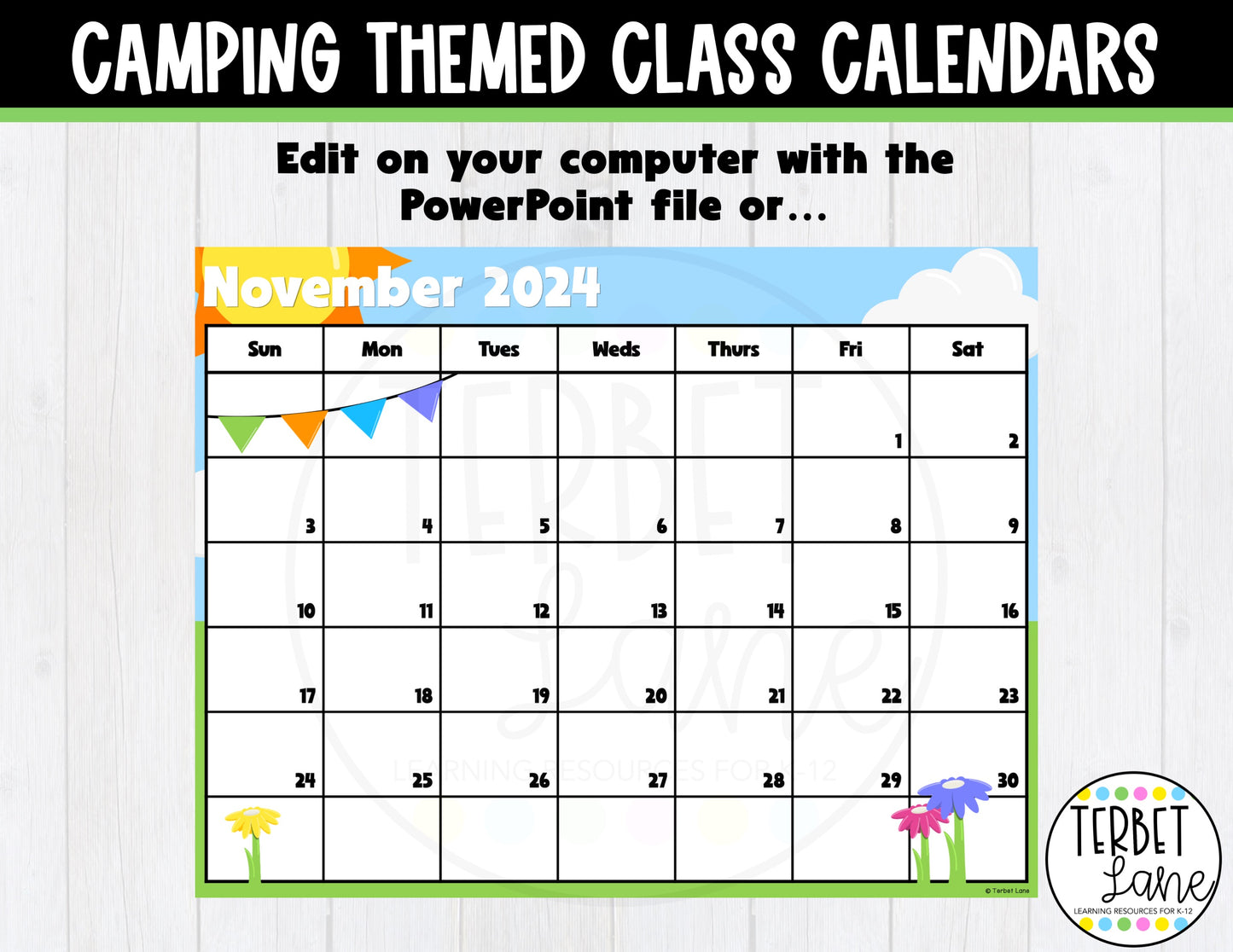 Camping Themed Editable Calendar 2023-2024