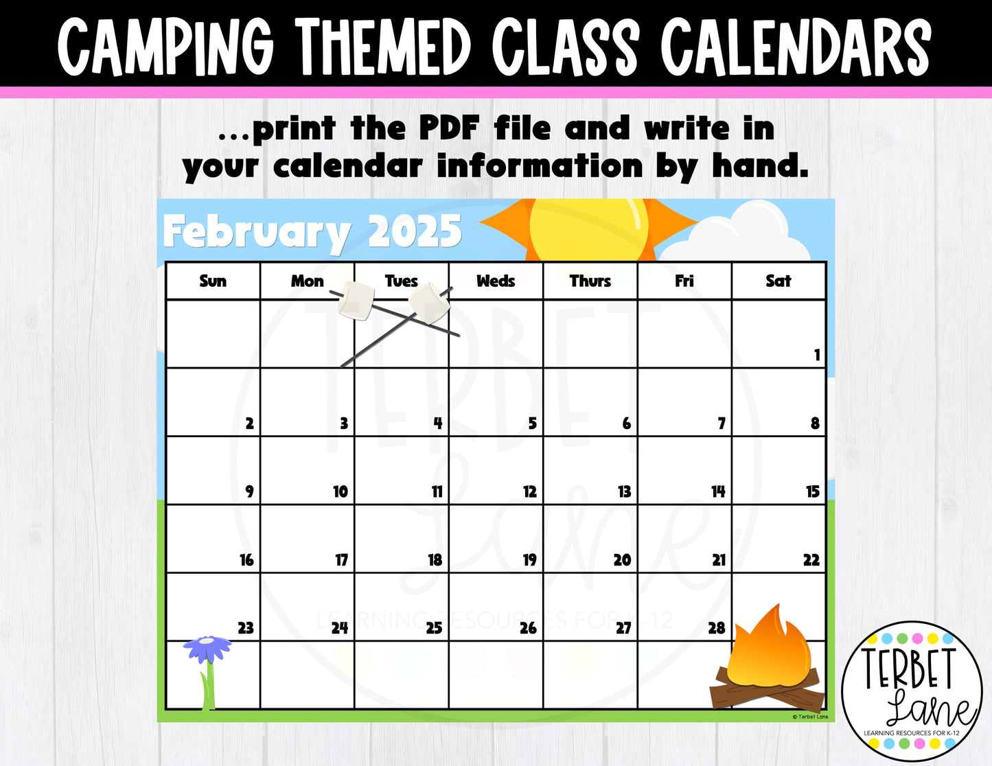 Camping Themed Editable Calendar 2023-2024