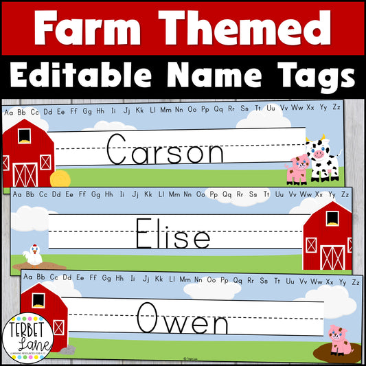 Farm Themed Decor Editable Student Desk Name Tags with Alphabets | Name Plates