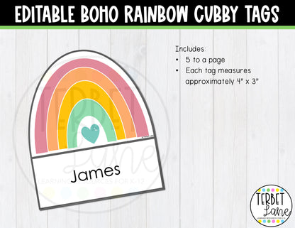 Editable Boho Rainbow Cubby Tags