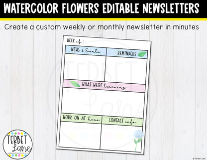 Editable Watercolor Flowers Monthly Weekly Newsletter Templates