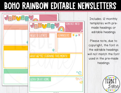 Editable Boho Rainbow Classroom Decor Monthly Weekly Newsletter Template