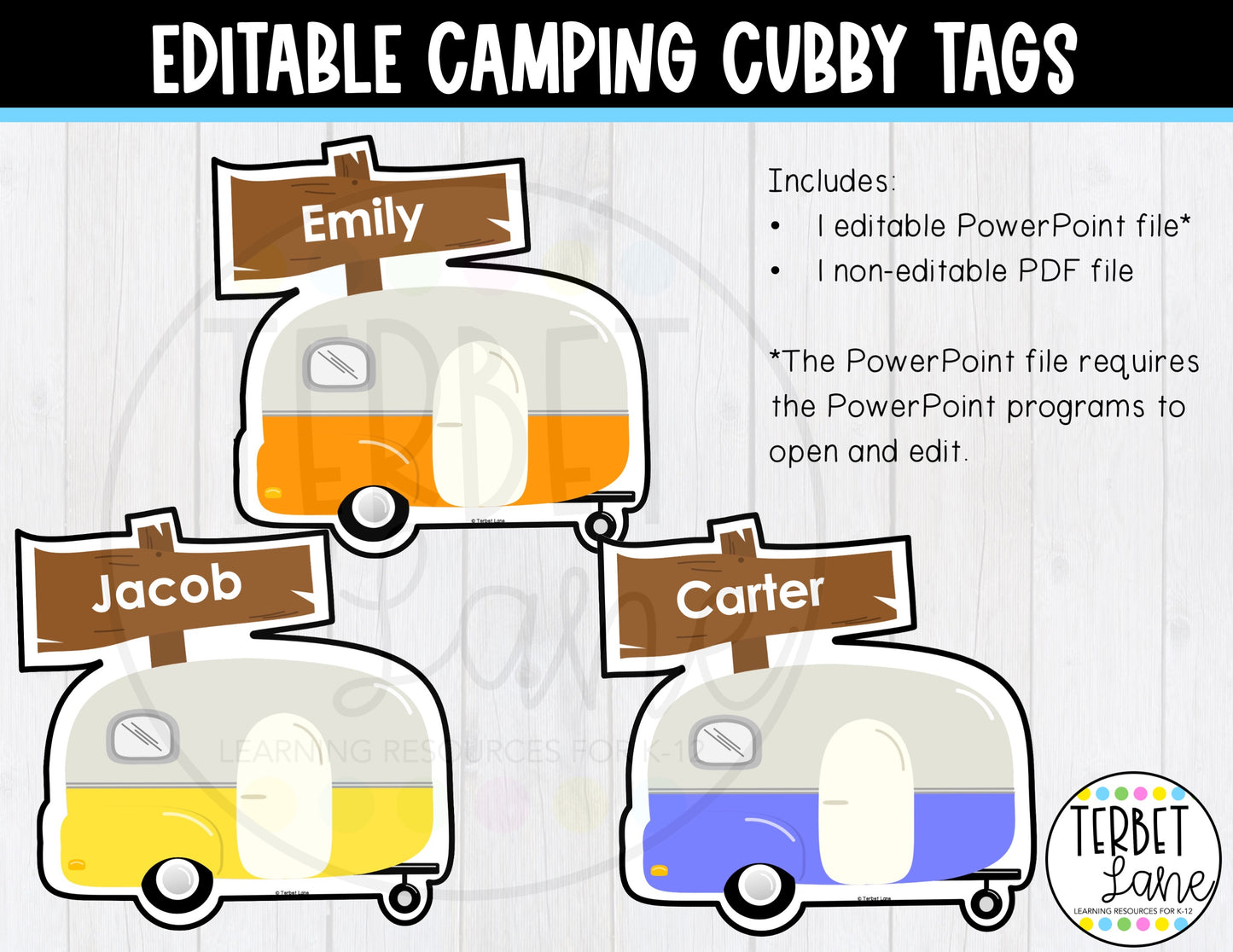 Editable Camping Themed Cubby Tags